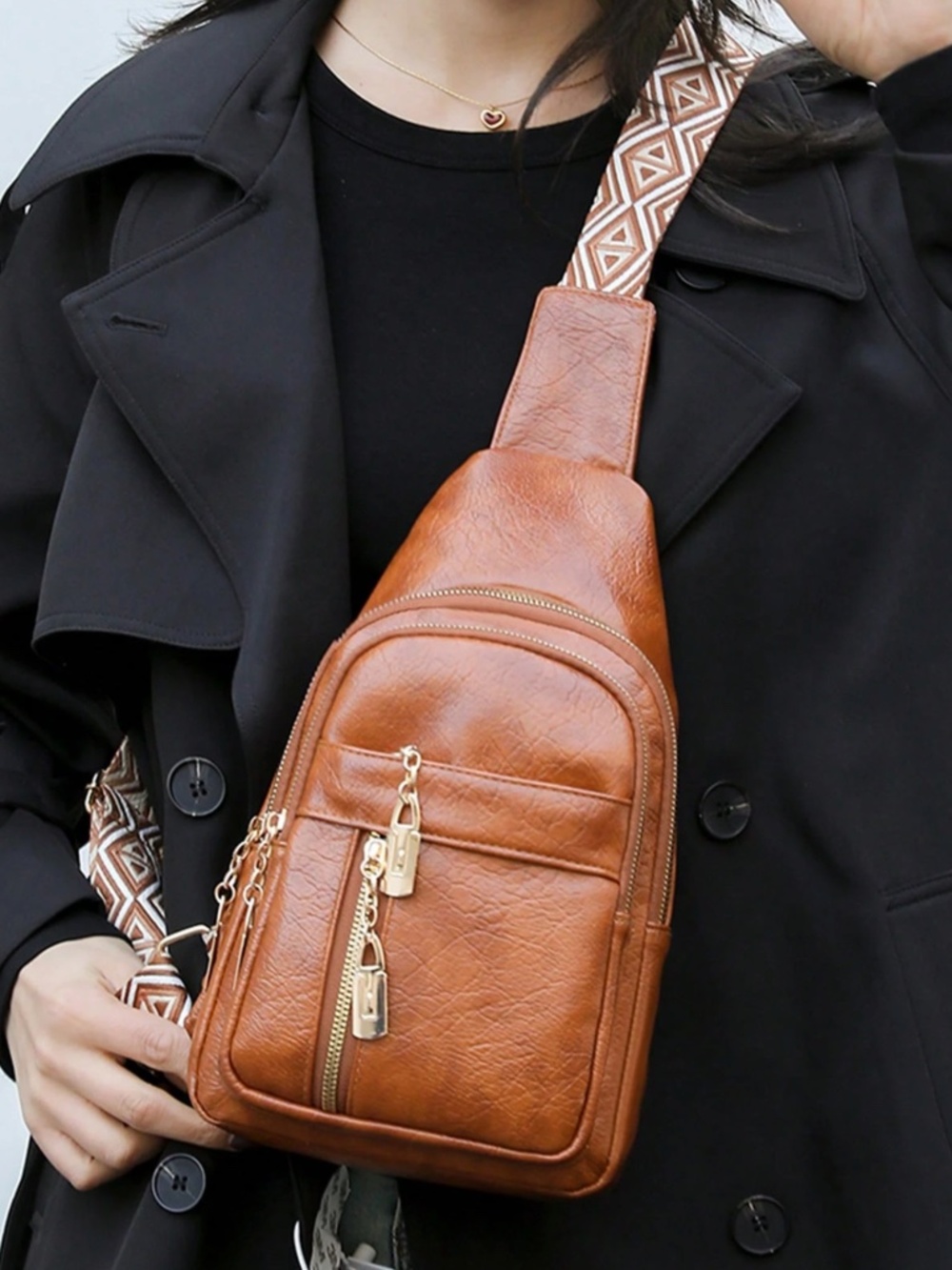 Luxe Pebbled Vegan Leather Zip up Crossbody Shoulder Bag - Picture 9 of 13